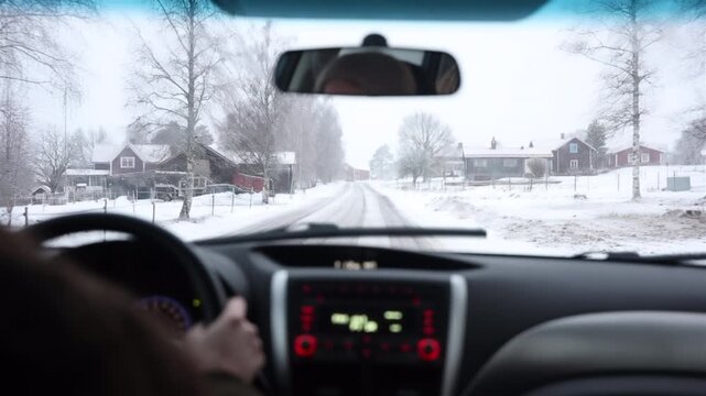 Winter Drive Through a Scandinavian Village POV from Car Interior