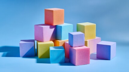 Obraz premium Colorful foam blocks stacked creatively on a blue background with soft shadows and vibrant hues