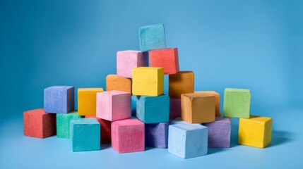 Obraz premium Colorful wooden building blocks stacked creatively on a vibrant blue background for playful design