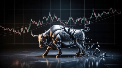 A metallic bull statue with a breaking effect in front of the stock chart
