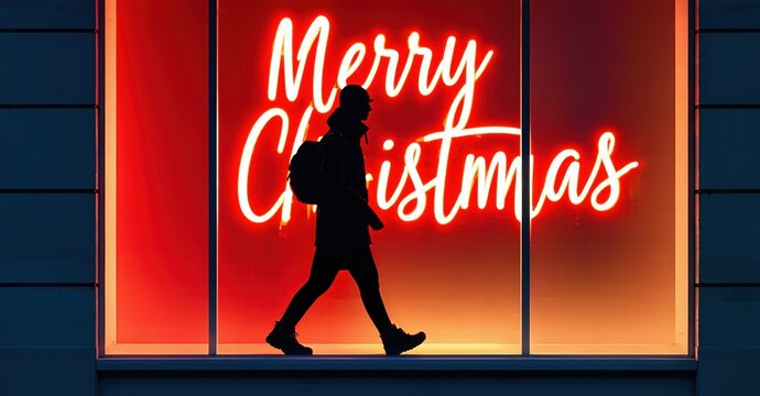 Silhouette walks past bright Merry Christmas neon sign. Festive urban scene, warm glow, nighttime setting. Simple composition.