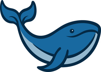 Cute funny blue whale - cartoon character, on transparent background, vector, png