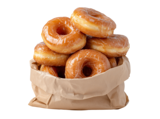 Stack of glazed donuts in a paper bag isolated on transparent background