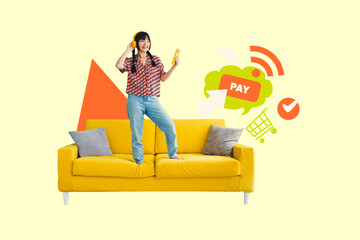 Composite trendy magazine photo collage of happy girl guy stand laptop device hold phone wifi...