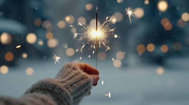 Sparkling Hand Holding Lit Sparkler Against Bokeh Winter Background Video