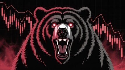 An illustration of a menacing bear symbolizes a market downturn with a bearish trend
