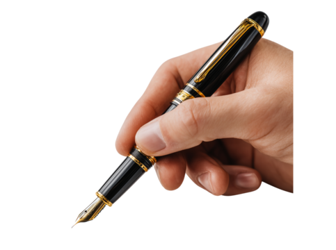 Hand holding a luxury fountain pen writing isolated on transparent background