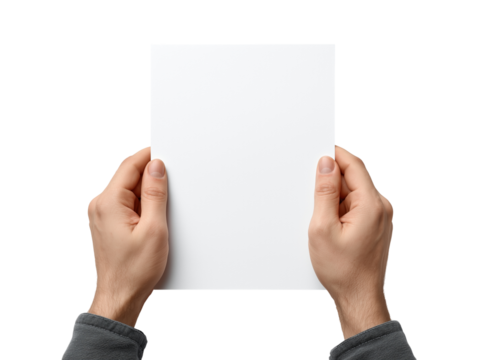 Hands holding a blank white paper sheet isolated on transparent background