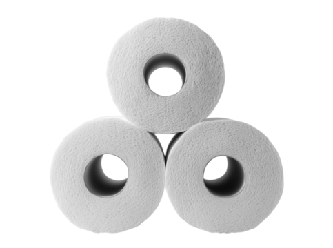 Three white tissues stacked together isolated on transparent background