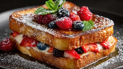 Delicious french toast with berry toppings and fresh mint garnish