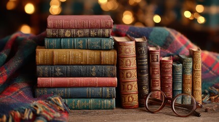 Vintage collection of leather-bound books with reading glasses on rustic table