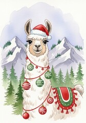 Obraz premium Watercolor illustration of cute llama wearing Santa hat and ornaments against snowy mountains, perfect for Christmas greeting cards, kids' apparel, holiday decor.