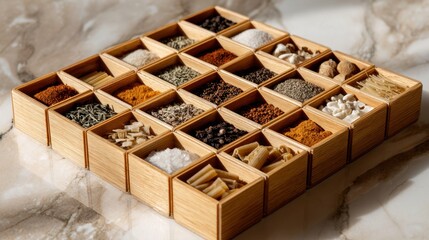 Organized wooden spice box with assorted seasonings on marble surface