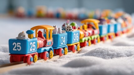 Colorful toy train on snowy track with animal figures and numbers