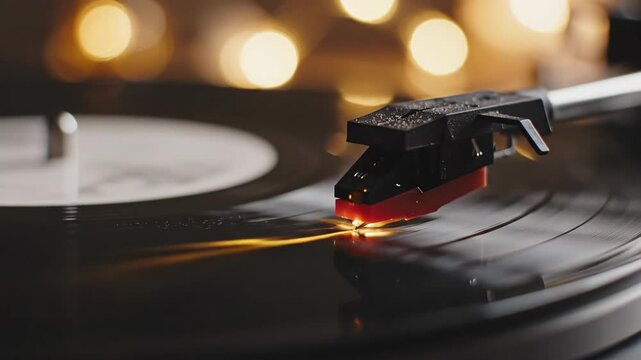 Extreme closeup macro of vinyl record with needle approaching groove. Analog music playback sequence in warm bokeh lighting. Retro audio concept footage for nostalgic advertising.