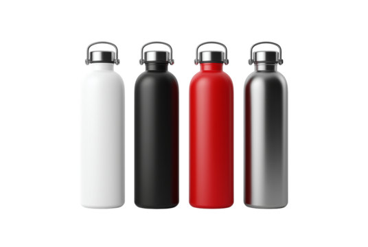 Four colorful reusable water bottles isolated on transparent background