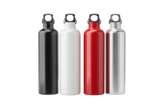 Four colorful reusable water bottles isolated on transparent background