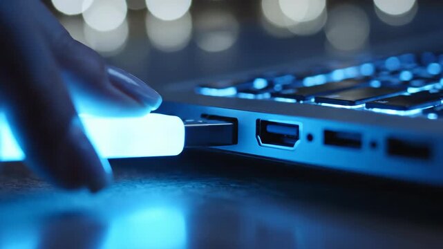 Hand inserting glowing usb drive into laptop port with electric energy transfer. Extreme closeup macro footage of digital connection and power surge concept for tech advertising.