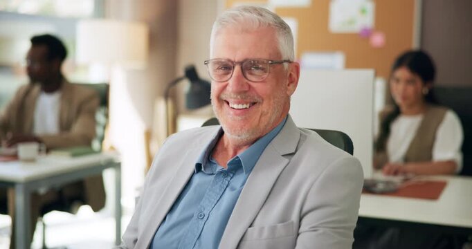Glasses, computer and face of business man in office for about us, journalist editor and pride. Publishing agency, coworking and confidence with mature person in startup for reporter fact check