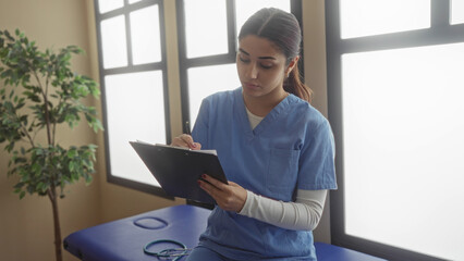 Woman in blue scrubs removes stethoscope then writes a medical report in a bright, well-lit clinic...