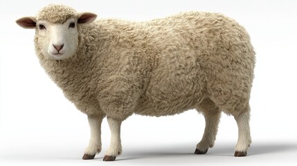 Domesticated woolly ovine stands facing forward against a bright white backdrop