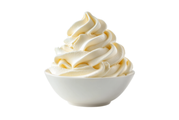 Creamy vanilla soft serve ice cream in a white bowl isolated on transparent background