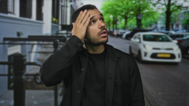Young hispanic man with hand on chin glancing upward on a city street lined with parked cars; urban quiet contemplation.