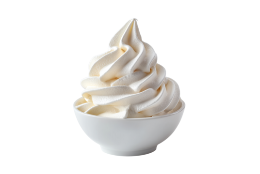 Creamy soft serve ice cream in a white bowl isolated on transparent background