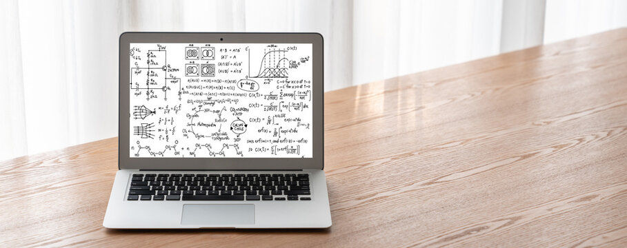 Mathematic equations and modish formula on computer screen showing concept of science and education