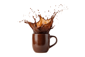 Hot coffee splashing out of a brown mug isolated on transparent background