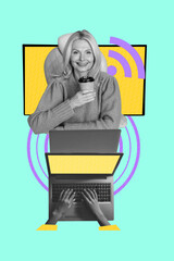 3d sketch image vertical collage of happy businesswoman businessman peek pc monitor hands type laptop wifi network 5g innovation