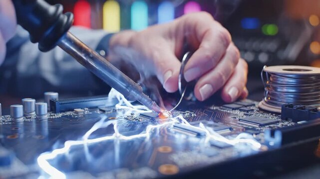 Hands precisely soldering wires onto circuit board in extreme closeup. Macro footage showing sparks and electronic assembly process. Innovation in technology manufacturing concept for advertising