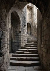 Obraz premium Photo of stone stairs leading to an underground dungeon, interior of an ancient castle, medieval architecture, arches and columns, stone walls, high ceilings, arched windows. 