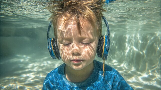 Young child wearing headphones submerges beneath clear water surface with eyes closed