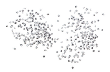 Alphabet letter word plastic bead explode fly in air. Many group of bead screen type font of english letter word in alphabet. White background isolated