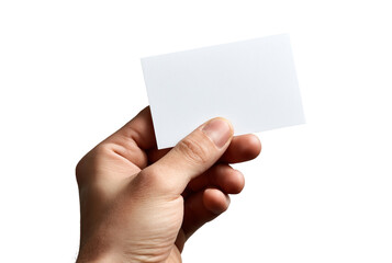 Fototapeta premium Hand holding a blank white card isolated on transparent background