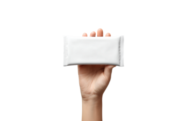 Hand holding a white rectangular package isolated on transparent background