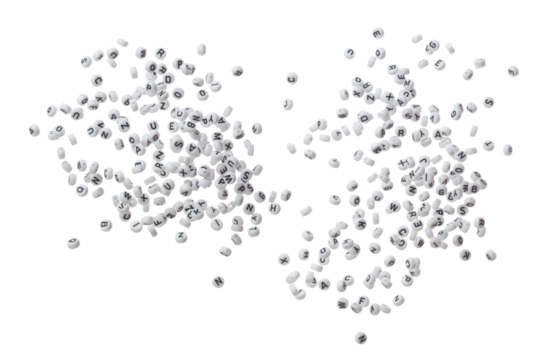 Alphabet letter word plastic bead explode fly in air. Many group of bead screen type font of english letter word in alphabet. White background isolated