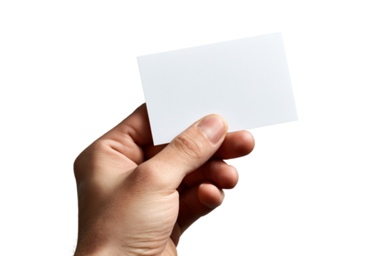 Hand holding a blank white card isolated on transparent background