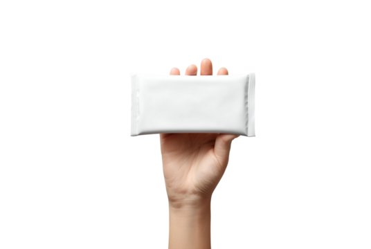 Hand holding a white rectangular package isolated on transparent background