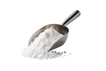 Metal scoop filled with white powder isolated on transparent background