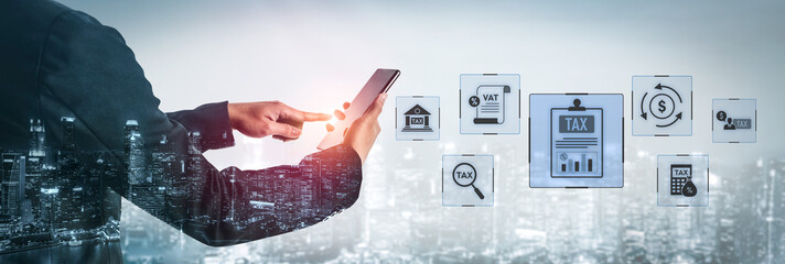 Financial regulation and tax compliance concept showing tax document, VAT, transaction flow, and...