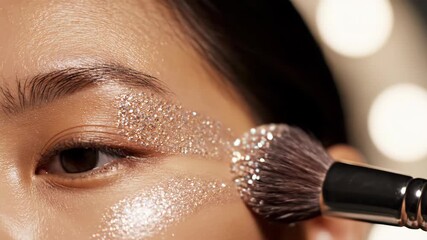 Woman applying glitter eyeshadow with brush in extreme close-up. Sparkling makeup on eyelid during beauty routine. Cosmetic enhancement and glamour concept for advertising footage - Powered by Adobe