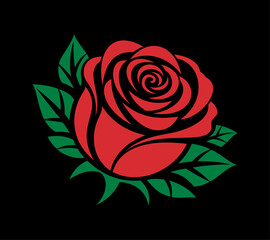 Illustration of a beautiful red rose with green leaves on a black background