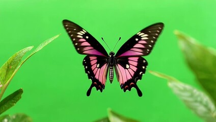 elegant 4k animation of a butterfly with black and pink wings designed for chroma key use offering smooth movement and professional quality ideal for VFX artists editors and designers working on