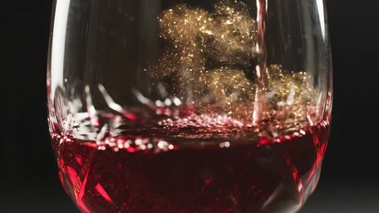 Extreme closeup macro of red wine pouring into crystal glass with gold glitter cascading and blending to create shimmer. Luxury beverage sparkle concept for advertising footage.