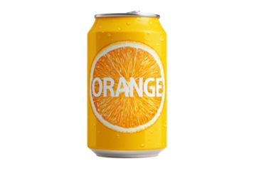 Bright orange soda can with orange slice graphic isolated on transparent background