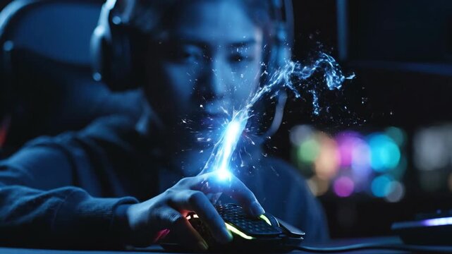 Asian woman gamer in dramatic closeup with glowing eyes bursting cyber energy. Intense virtual gaming immersion sequence. Digital tech advertising concept footage