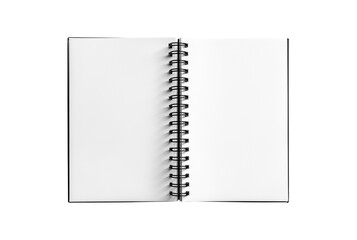 Open blank spiral notebook with clean white pages isolated on transparent background