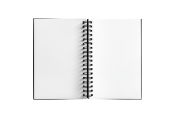 Open blank spiral notebook with clean white pages isolated on transparent background